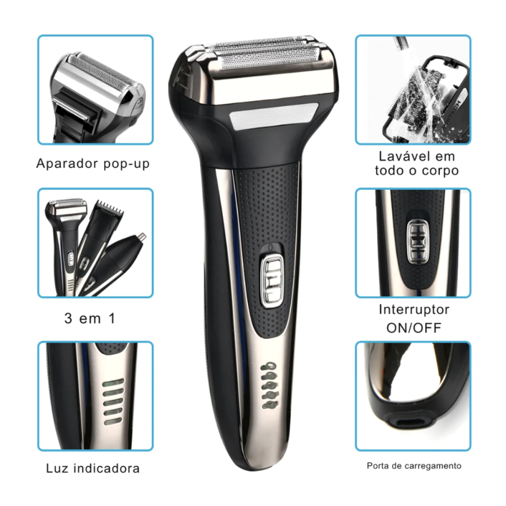 Barbeador Elétrico Profissional 3 em 1 Shaver Aparador de Pelos Recarregável Bivolt Eletromex EL-5103