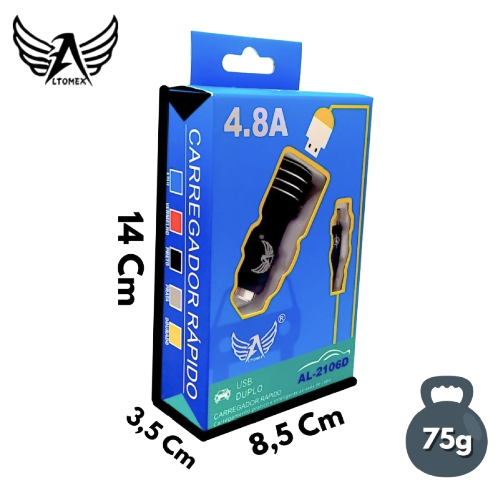 Carregador Veicular 12v TURBO 02 Portas USB Cabo Móvel TIPO-C 4.8A Altomex AL-2106D