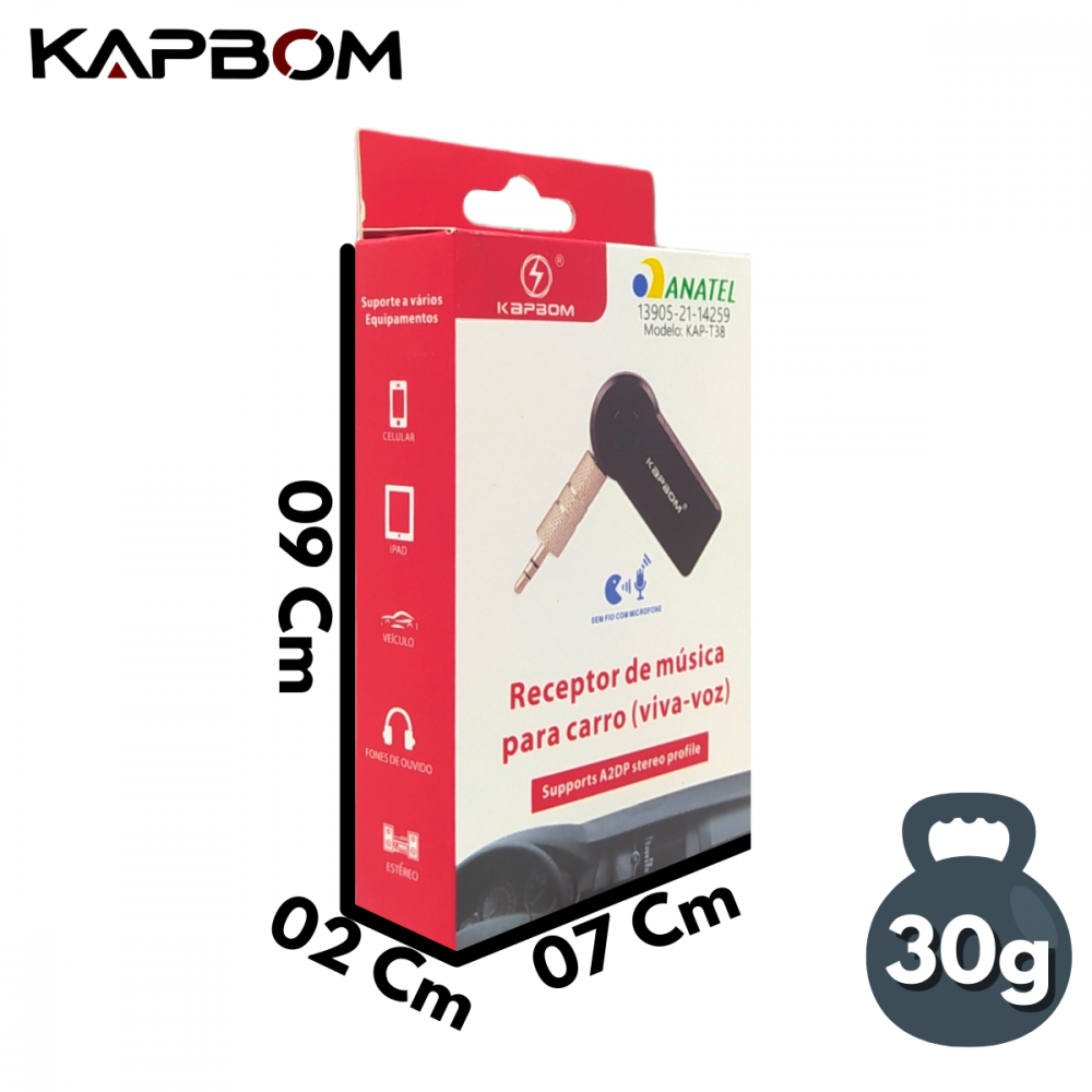 Adaptador Receptor Bluetooth MP3 Som de Carro P2 Auxiliar Kapbom KAP-T38